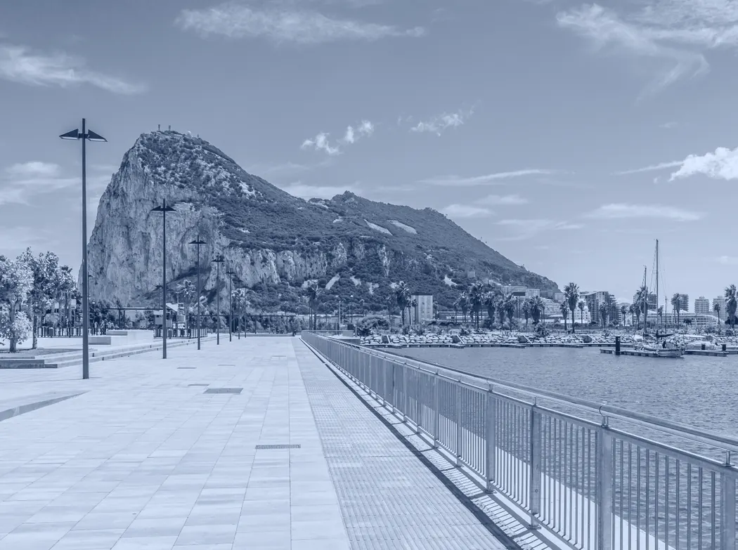 The Rock of Gibraltar viewed from the marina, shaded in Octopus blue