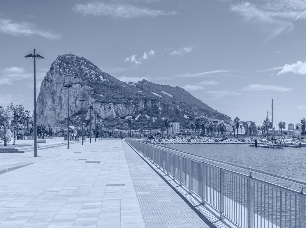 The Rock of Gibraltar viewed from the marina, shaded in Octopus blue